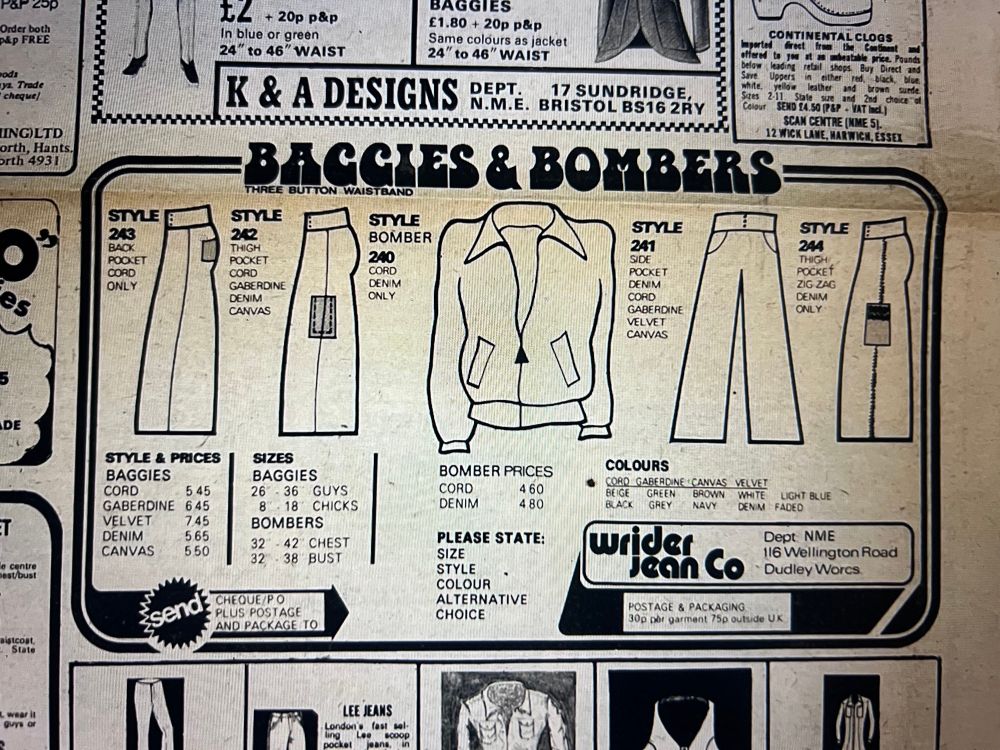 An advert for northern soul clothing including baggies and jackets, found in the New Musical Express, August 31st, 1974