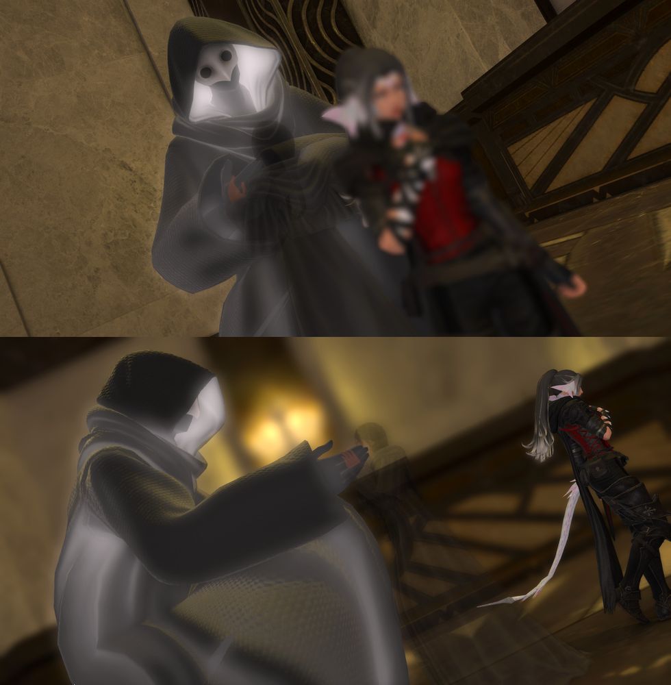 Two more images. The first is the same as the last image, but we can see the transparent figure of an Ancient between the shade and Kirika.

The second image is another angle. Kirika is walking away and the shade is touching the Ancient's face as the Ancient reaches up and touches his fingers.