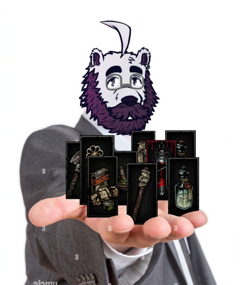 Old art of my sona (a polar bear) smiling torwards the camera, drawn by me, edited on top of a stock photo of a business man holding out his right hand with his palm open. On top of it are various edited in images of provisions from the game "Darkest Dungeon".
