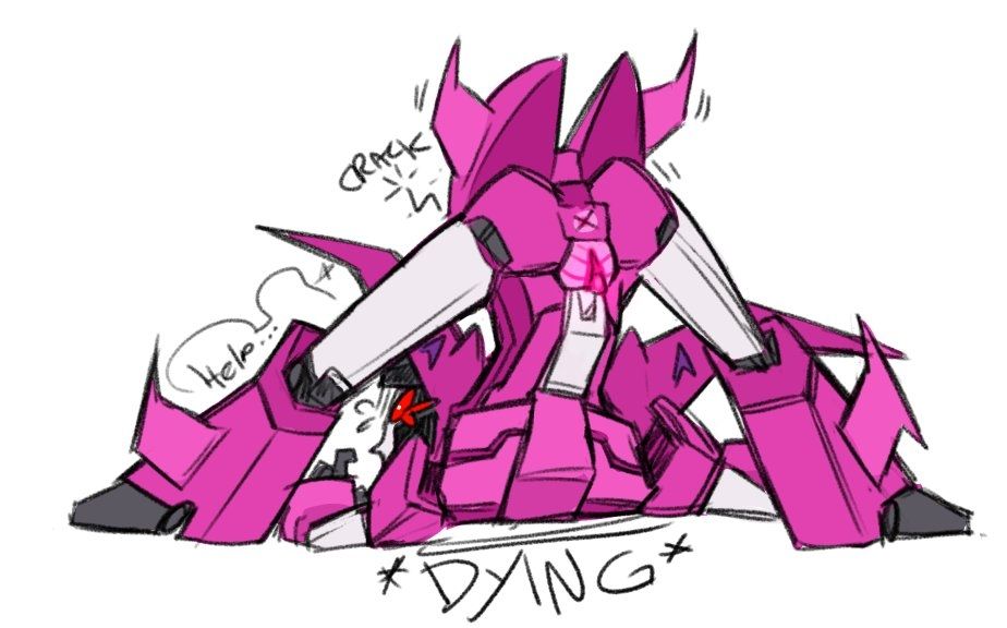 A silly drawn Misfire (idw mtmte design) bent forward, ass up, "crack" text from his back as he's clearly not meant to bend that far. Valve, spike n aftport out n visible.
He's wheezing "heeelp..." from the awkward position.