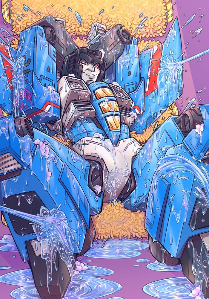 g1 Thundercracker enjoying a carwash scrubber and soapy water washing over him. 

Staying on Earth he's learned more about human culture and found out about this lovely thing called a "carwash". Hes a bit bigger than a car so they had to rip the roof off but it works.

Part of a pinup photoshoot as a Decepticon PR move to boost human opinion of their faction.