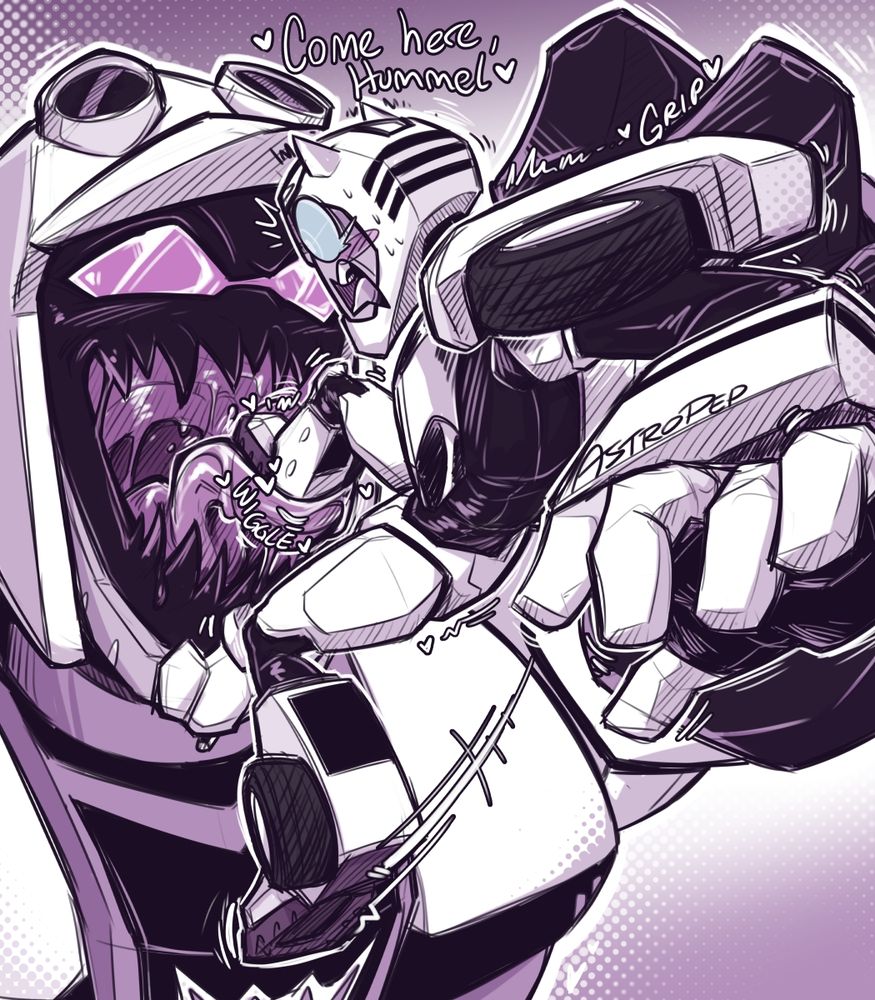Drawing of tfa Blitzwing dangingly tfa Bumblebee over his crazy fanged maw, tongue wrapping around Bees stabilizer/foot. Bumblebee is blushing n squirming. 

Blitzwing: Come here, Hummel~