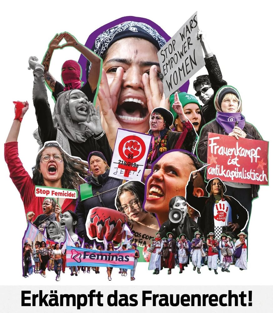 Collage von zahlreichen Frauen, die mit Demoschildern, Megafon und so weiter sich lautstark engagieren und protestieren. Unter dem Bild die Lösung: Erkämpft das Frauenrecht!