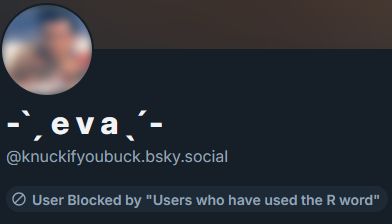 Screenshot of the list creator, showing that they are blocked by a list titled "Users who have used the R word"