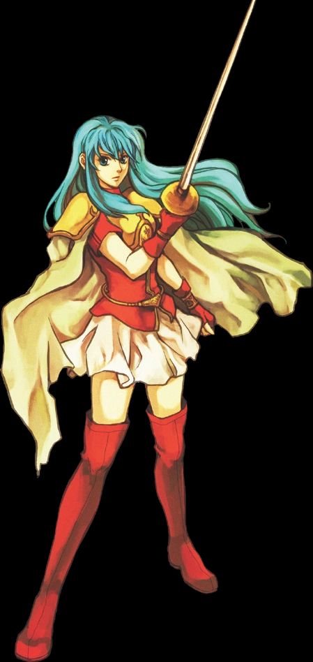 Artwork of Eirika from Fire Emblem: The Sacred Stones. She is a young woman with long teal hair, wearing a red shirt and long boots, with a pale skirt and cape, and gold armor on her upper chest and shoulders, wielding a rapier.