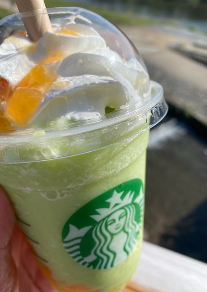 スターバックスのもっとGOHOBIメロンフラペチーノ。下層に赤肉メロンのジュレと果肉、中層に青肉メロンのフラペチーノ、上層に生クリーム、生クリームの上に赤肉メロンのジュレがかかっている。