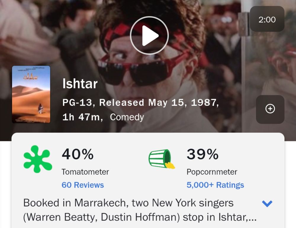 Screen capture from Rotten Tomatoes of the movie, Ishtar, with a score of 40%