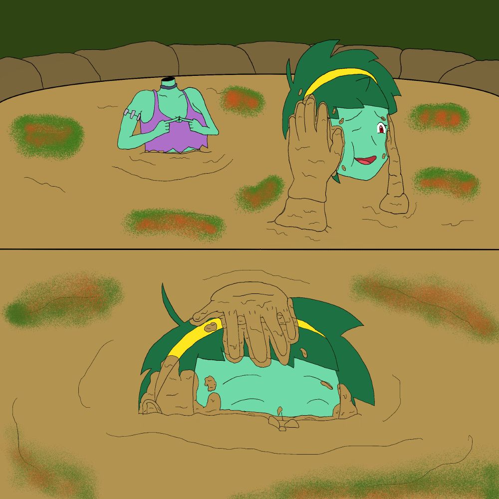 Panel 1: Marais: "Well, well, well. Thought you could cheat and throw your head the moment you couldn't move your legs anymore, huh~?"

Rottytops gave a nervous chuckle in response, her headless body sinking chest deep, and her disembodied head held firmly in place on each side by two muddy hands.

Rottytops: "Hehe, I might've known you'd stop me..."

Panel 2: Having her head placed firmly back onto her body, Rottytops continued to play along, trying to cross further as she sank deeper. Though it didn't seem she was gonna make it as she sank to her chin only a quarter away from the other side.

Rottytops: "Whew. This stuff's thick! At least it feels soft and comfy~. How long did you say I'm gonna be stuck under?"

Marais: "The rest of the month, now smother~"

The maiden used her power to conjure another muddy hand to push Rottytops down to her nose, the zombie girl offering no resistance as she blubbed away. She wouldn't be getting the wish she was allured by, but that didn't seem to matter to her. She wondered if Shantae has already been here, and if she is experiencing a mud bath like no other beneath the mossy surface~