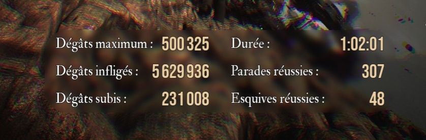 Screen de fin de combat de clair obscur on y voit juste quelques données sur le combat, dégâts max, dégâts infligés, dégât subis, parades réussies, esquives reussies, mais surtout durée du combat : 1 heure 2 minutes et 1 seconde 