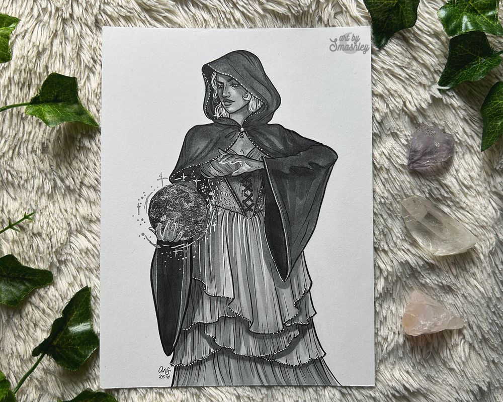 Traditional art piece, 6x8 inch piece of paper. The greyscale piece is made with Copic markers. A woman in a hood with long bell sleeves holds a shiny silver globe in her hand. She wears a corseted top and a skirt with many asymmetric layers. 