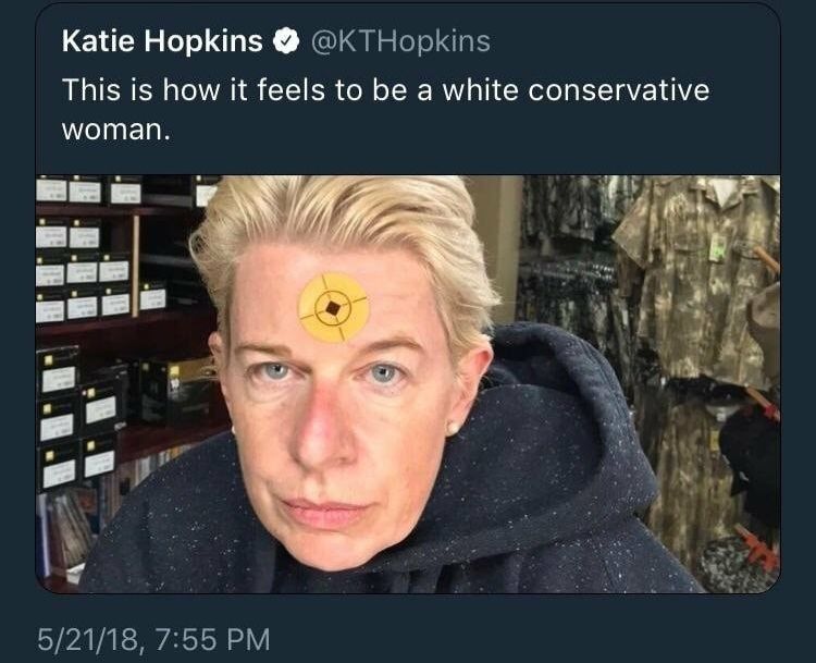 Image of british bad person named Katie Hopkins with something resembling a bullseye on her forehead.