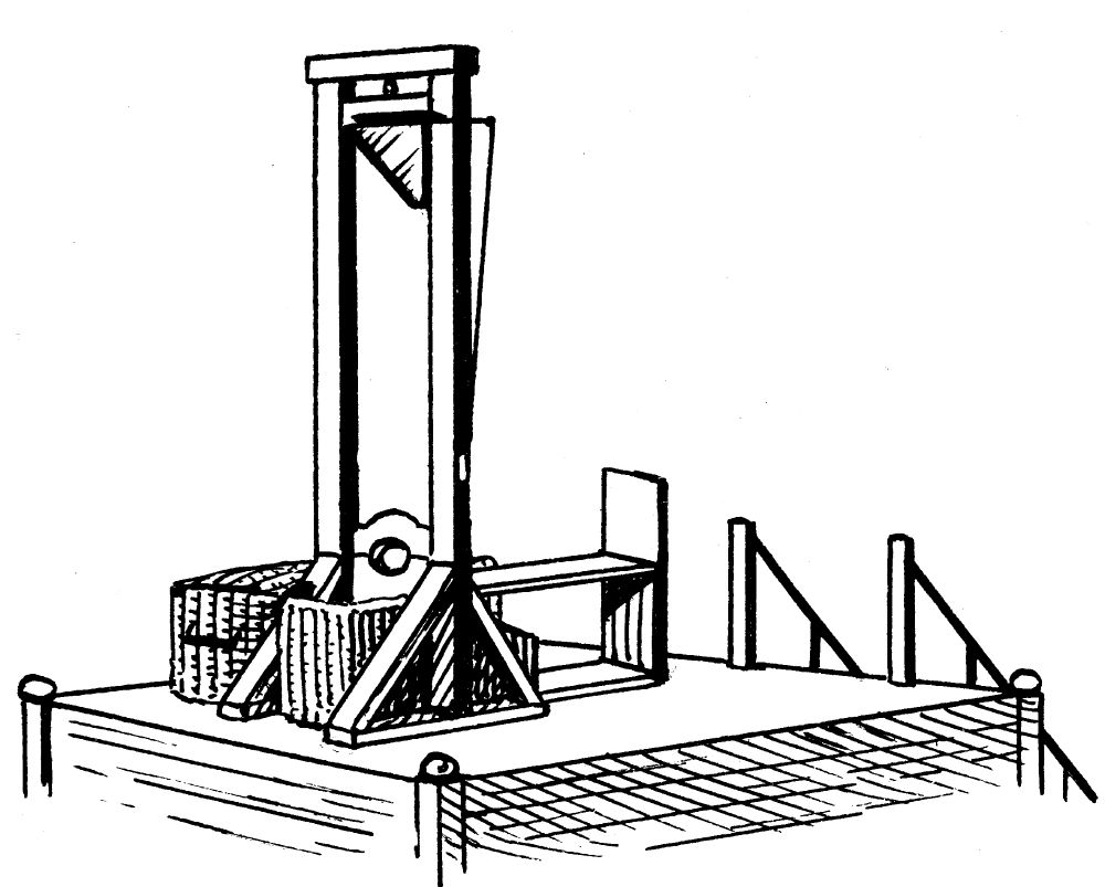 Black and white drawing of a guillotine. 