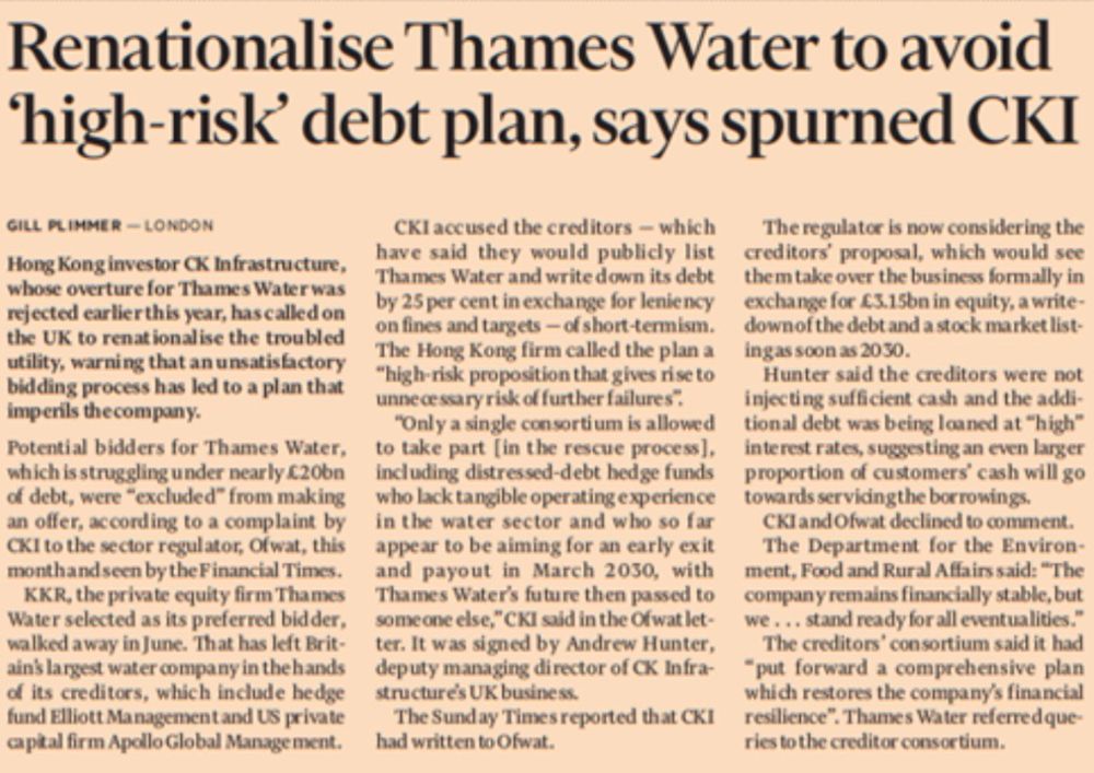 FT article about Thames Water 