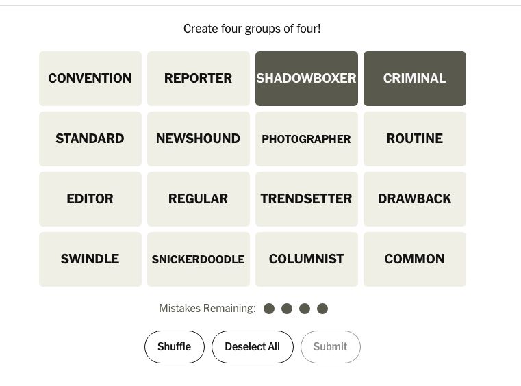 the NYT connections grid with "shadowboxer" and "criminal" highlighted