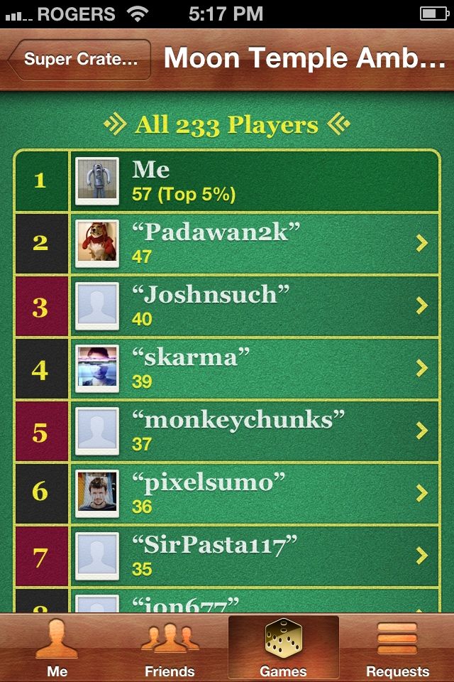 Screenshot of a leaderboard on classic iOS where “me” is at the top spot with 57 points