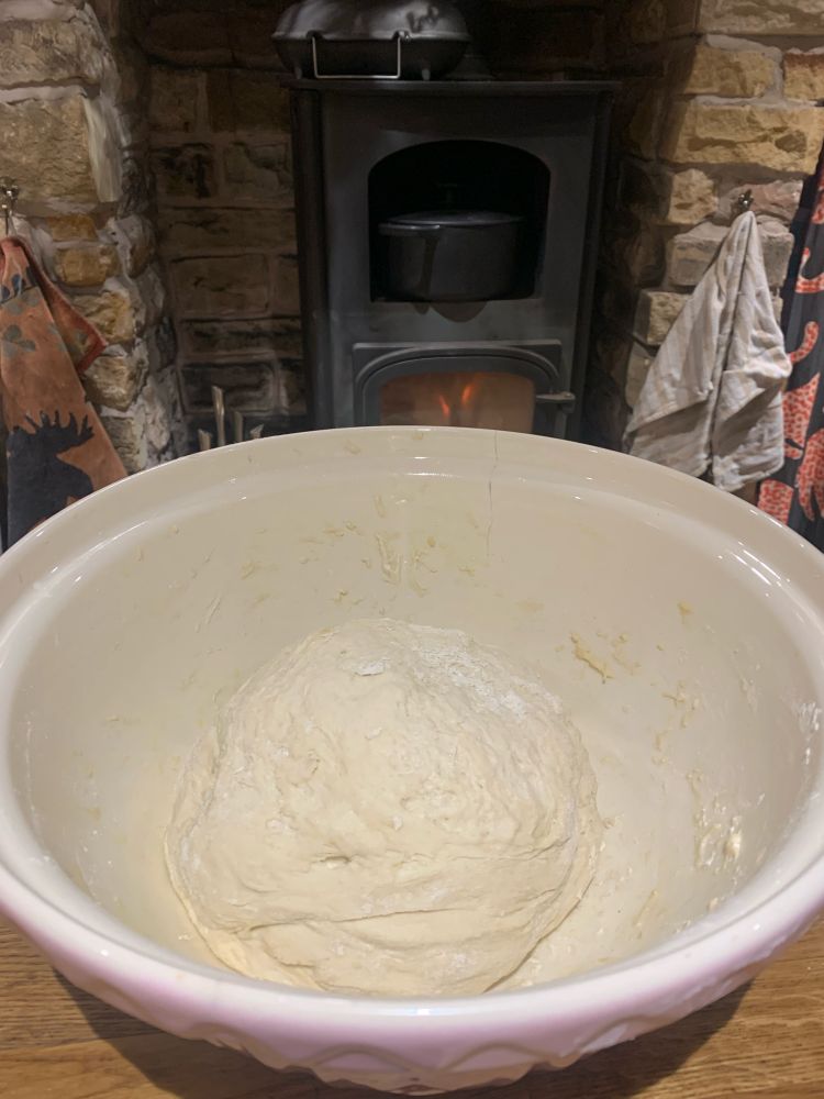 Ball of dough in a ceramic bowl.