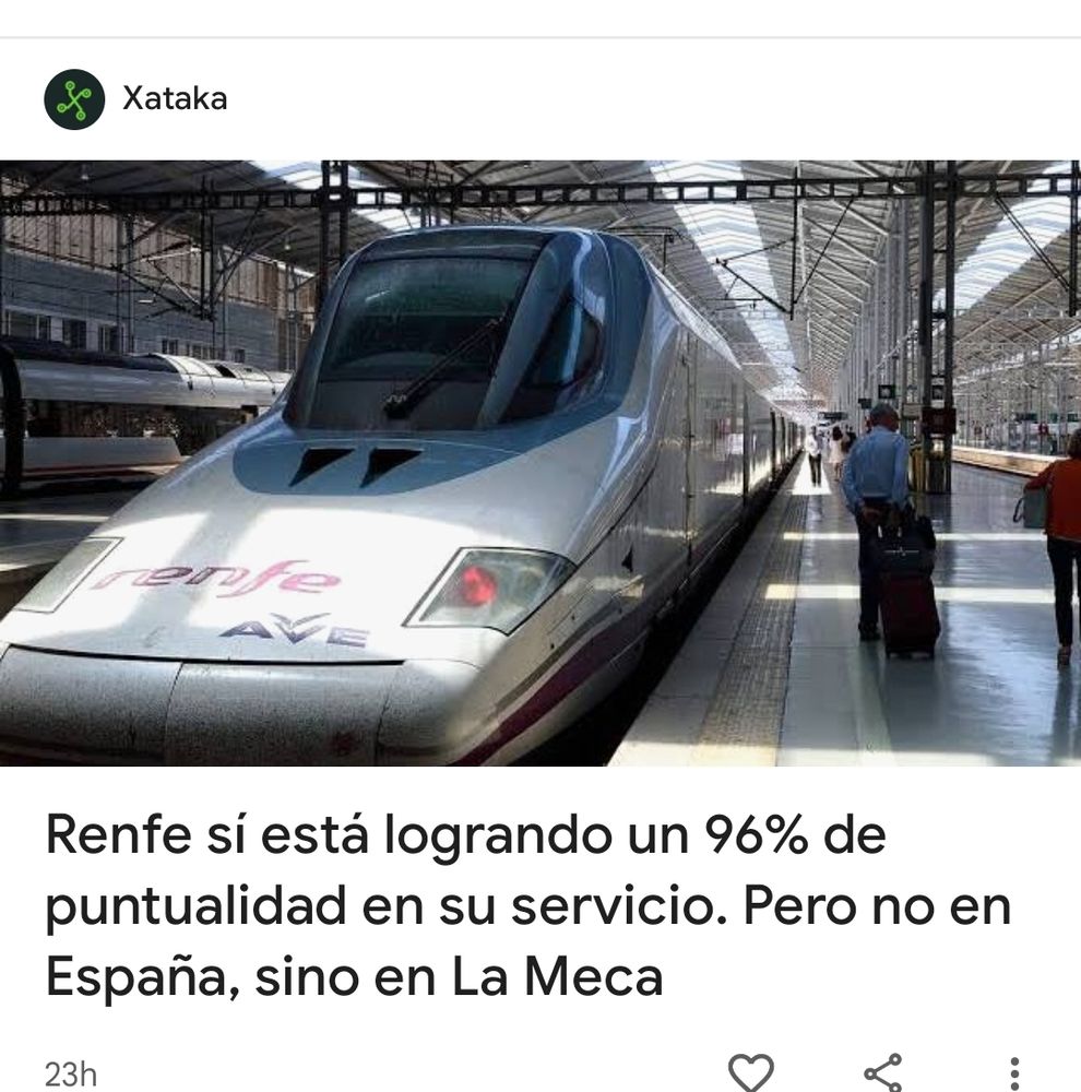 titular de noticia: renfe está logrando un 96% de puntualidad en su servicio pero no en España, sino en La Meca. Foto de un tren.