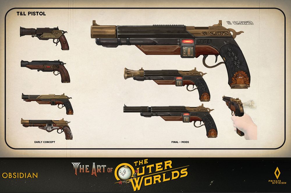 concept art sheet of a hand gun that reads T&L Pistol. It's got scifi red light glowing on the side but is otherwise a lot closer to a modern gun although it has lost of ornate over the top decorative brass and wood parts. the rest of it are a dark black meta.