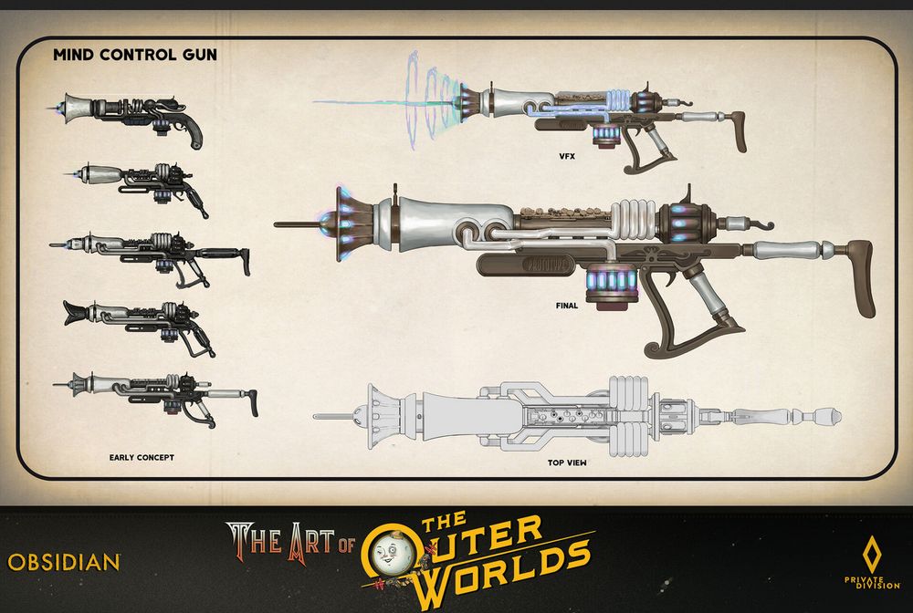 concept art sheet of a long gun that reads Mind Control Gun it has white painted portions over a brass body. It's very pulp scifi and fanciful bits of it look almost like a musical instrument like a flute or horn and also has transparent tubing. It's shooting a blueish array of energy.