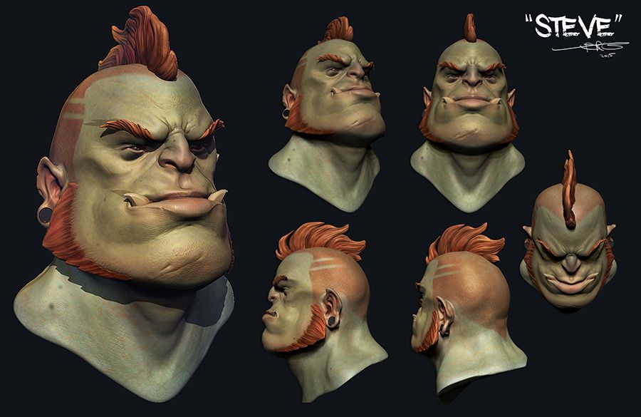 the name Steve in the upper right corner otherwise the image is a turnaround sheet for a 3d head model of the same halforc from the previous ballpoint sketch. He has red hair and light green skin with a couple light scars and freckles. 