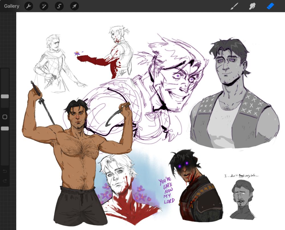 sketch dump page of my dnd oc Stefan Fiore. Tall man with messy cut black hair tied in a short ponytail and poofy bangs. Lots of scars. often covered in blood. Piercing violet eyes. Pics of him looking crazed in battle or chilling. 