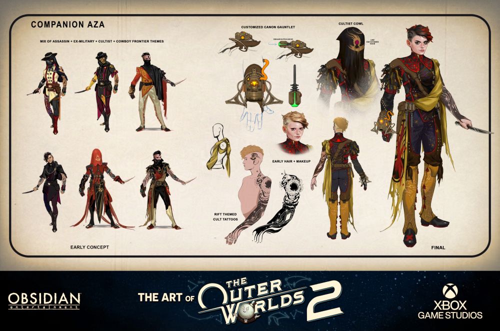 concept art sheet of Aza companion. she's a mix of various rough leather makeshift pieces, an explosive gauntlet on one wrist and a dagger in the other, a single arm shows an intricate stary sky tattoo. there's some early sketches that look similar and a previous version of her with blonde hair.