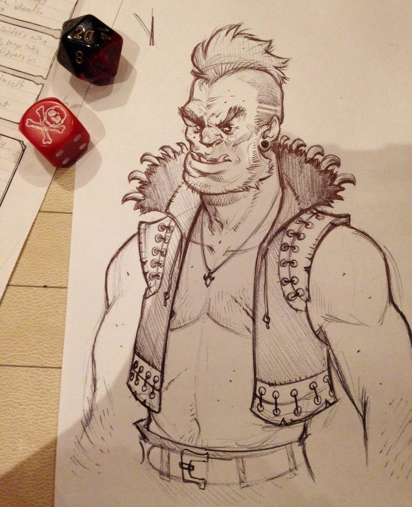 ballpoint pen sketch of a halforc with a patched together vest the collar has a fuzzy bear claw trim. He has a Mohawk hairstyle and intense sideburns. The paper is on a table that shows hints of a character sheet, grid playmatt and a couple dice. 