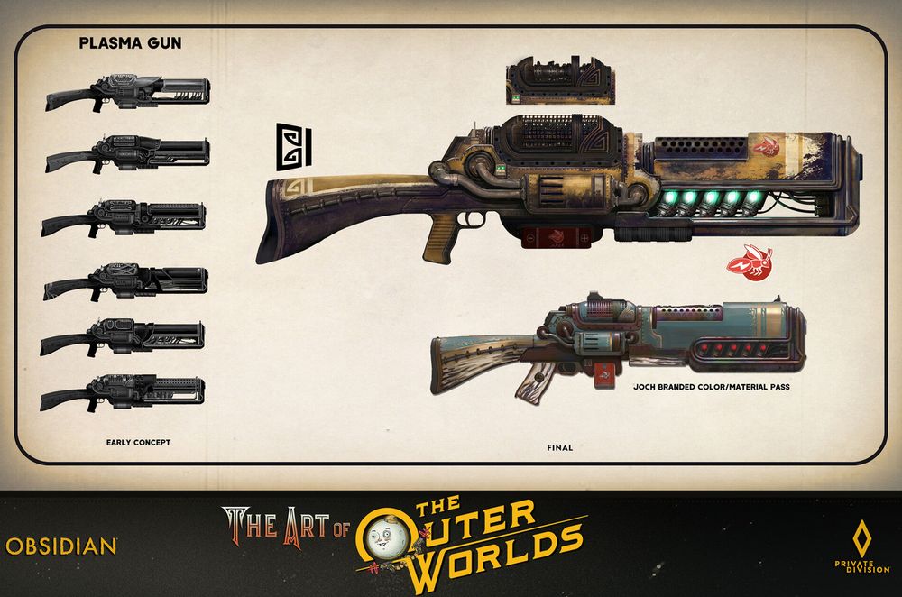 concept art sheet of a heavy long gun it reads Plasma Gun. it's very hefty has shipped worn paint and several metal cages for cooling as well as energy chambers on the barrel.