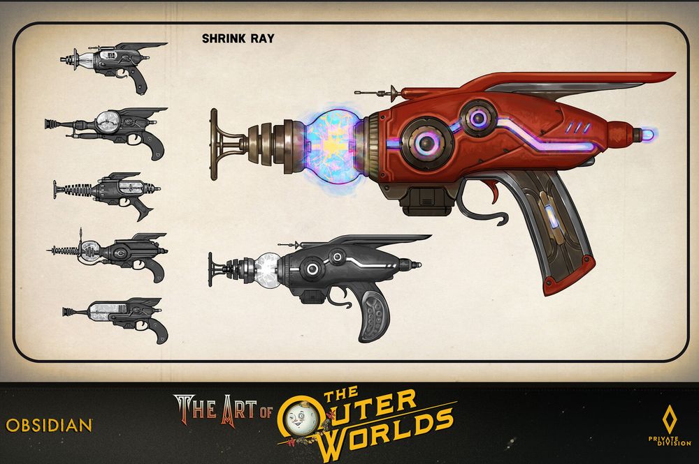 concept art sheet of small red pulp scifi handgun that reads Shrink Ray it has a glass bulb on the tip with blue purple energy inside it.