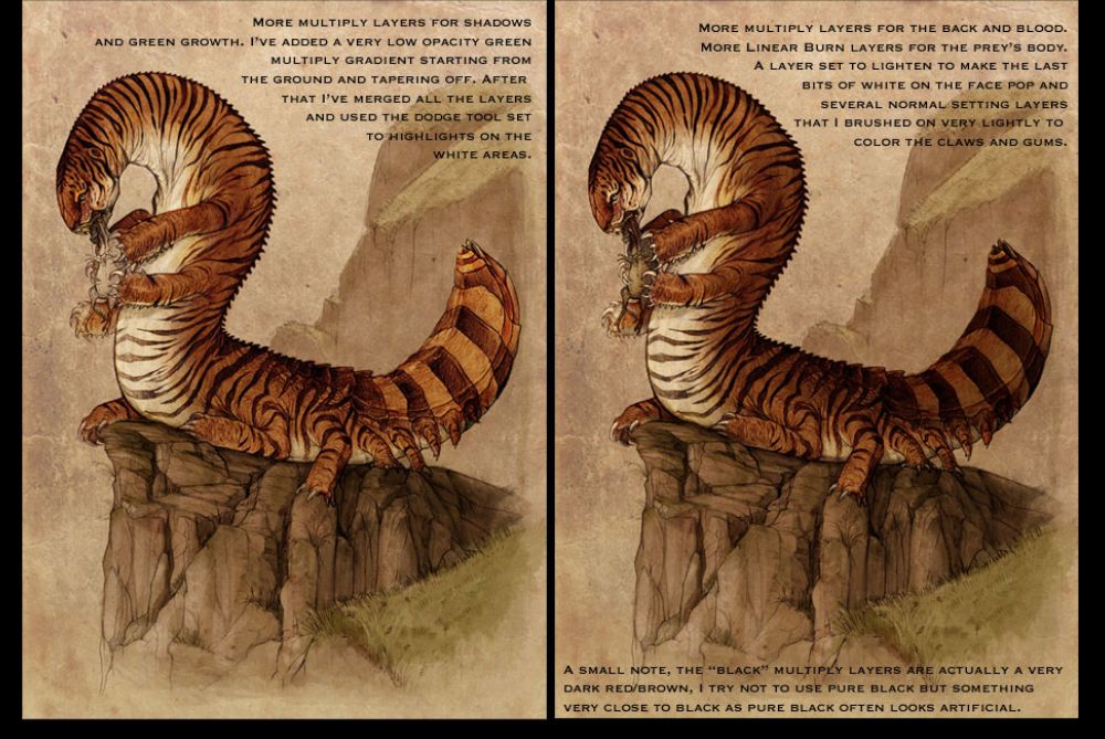 Same image darker and richer but close to a final look.
"More multiply layers for shadows and green growth. I've added a very low opacity green multiply gradient starting from the ground and tapering off. After that I've merged all the layers and used the dodge tool set to highlights on the white areas."

Final image more depth to dark areas.

"More multiply layers for the back and blood. More linear burn layers for the prey's body. A layer set to lighten to make the last bits of white on the face pop and several normal setting layers that I brushed on very lightly to color the claws and gums."

"A small note, the black multiply layers are actually a very dark red/brown, I try not to use pure black but something very close to black as pure black often looks artificial."