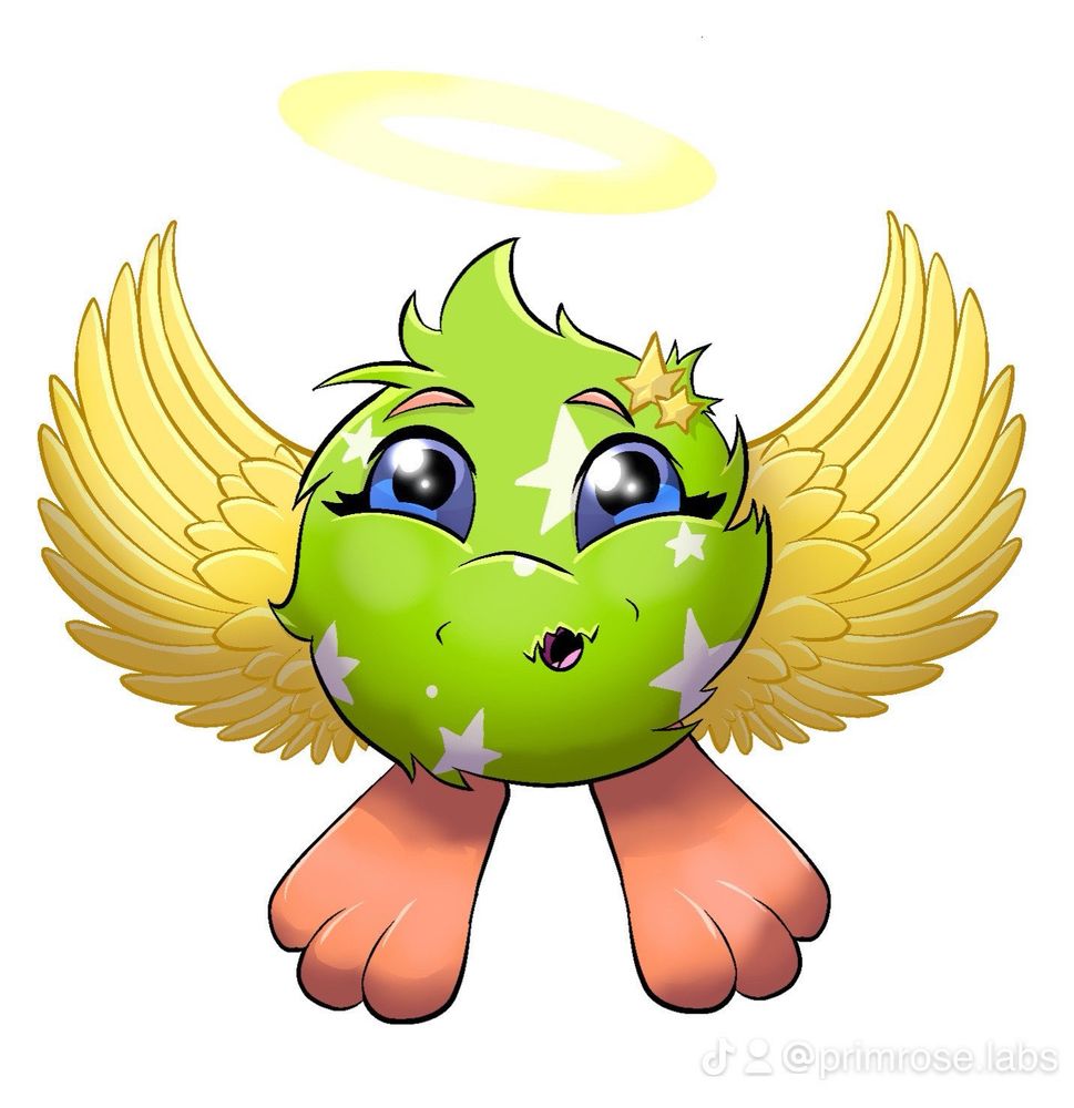 Art of 25th Anniversary Jubjub Neopet, looking up with angel wings lifting it off the ground.