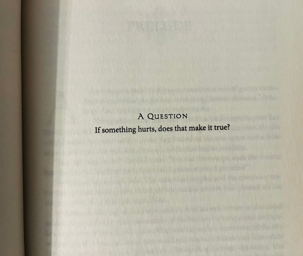 Photo of a page from THE MONSTER BARU CORMORANT by Seth Dickinson:

A Question
If something hurts, does that make it true?