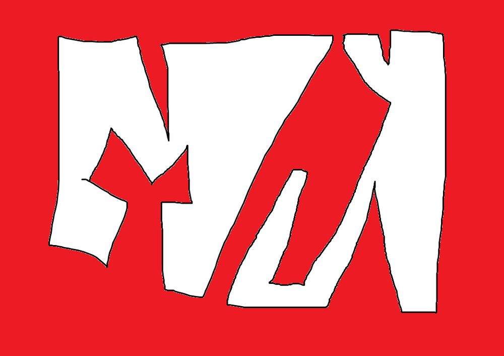 "Mx" escrito de maneira estilizada com letras manuais. 3 cores. Fundo geral vermelho, linha preta de fonte e fundo branco de fonte.