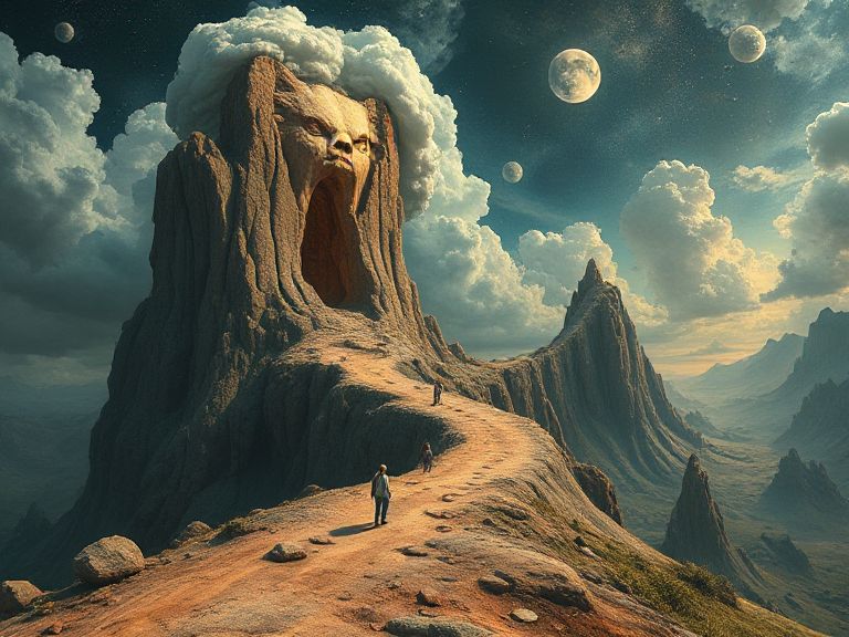 Pessoas fazem uma trilha em um deserto com estradas elevadas. Existe uma imagem de um rosto em uma montanha.