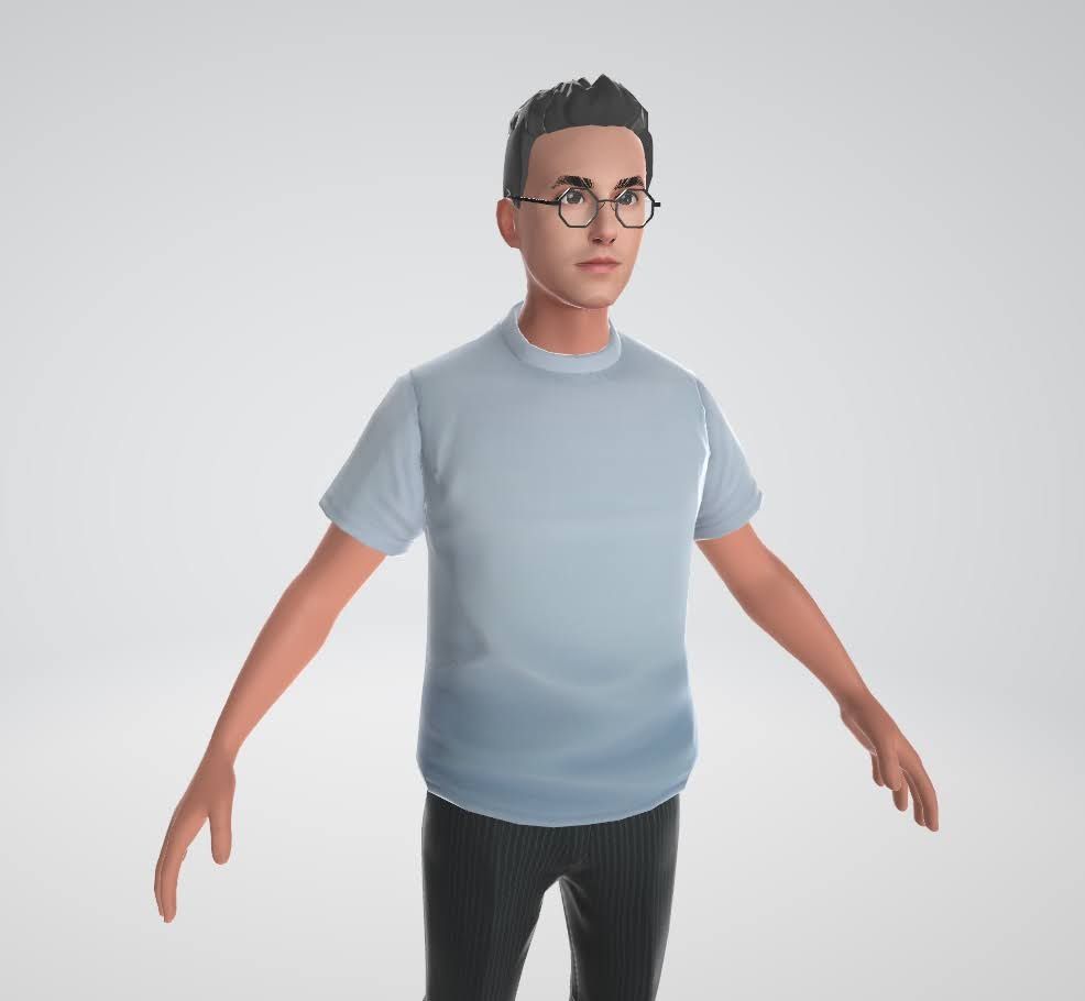 Imagem de uma pessoa realista em 3D. A câmera está um pouco inclinada de cima para baixo.