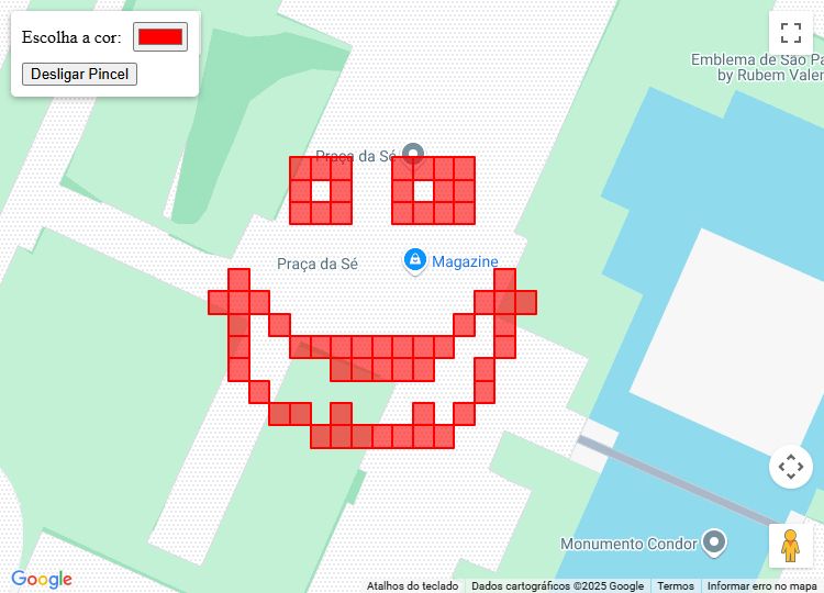 Rosto desenhado em Pixel Art na cor vermelha no mapa da Praça da Sé, em São Paulo, Brasil.