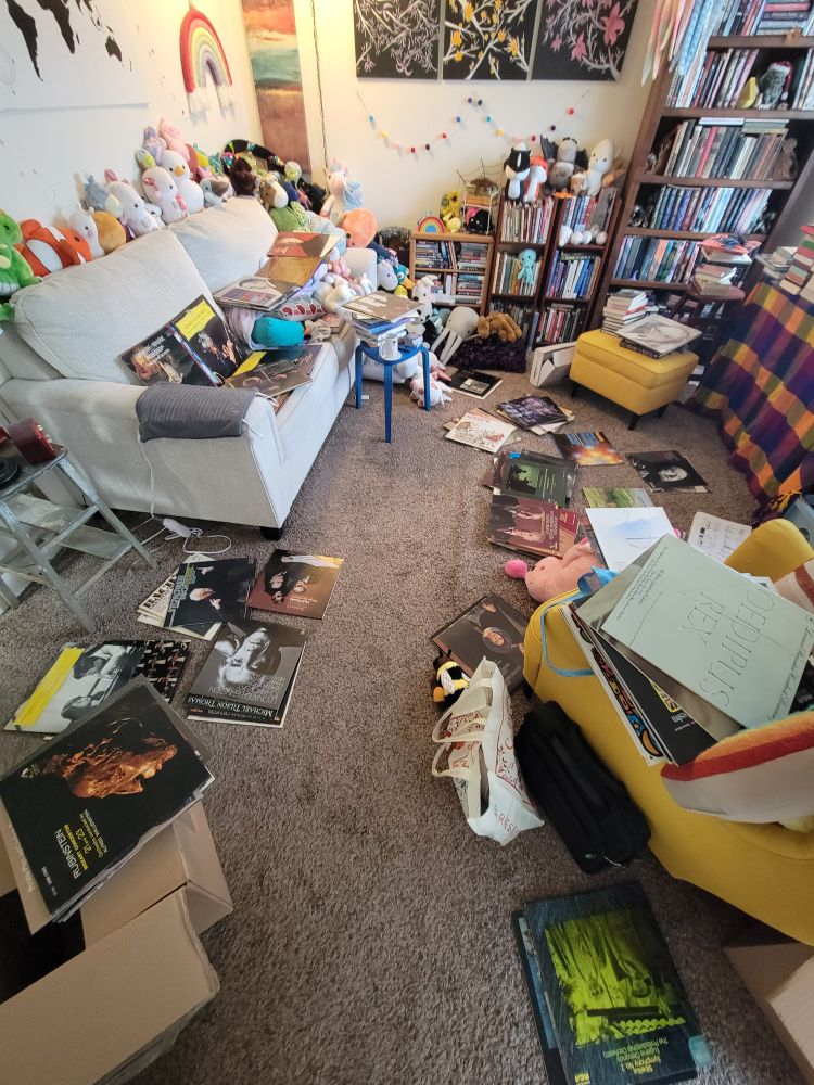 My living room with floor and couch and chairs covered in records 