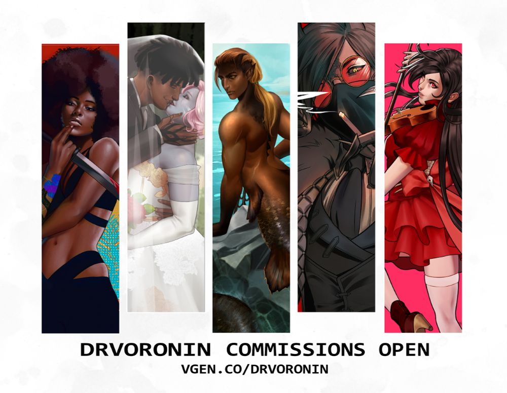 advertisement of various art styles, characters, and couple for art commissions on vgen
