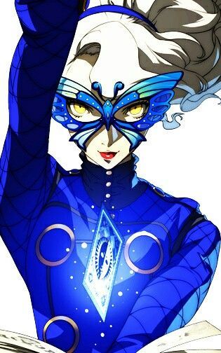 Elizabeth de Persona 4
Avec un masque en forme de papillon bleu 
Motif revenant dans quasiment chaque jeux de la série