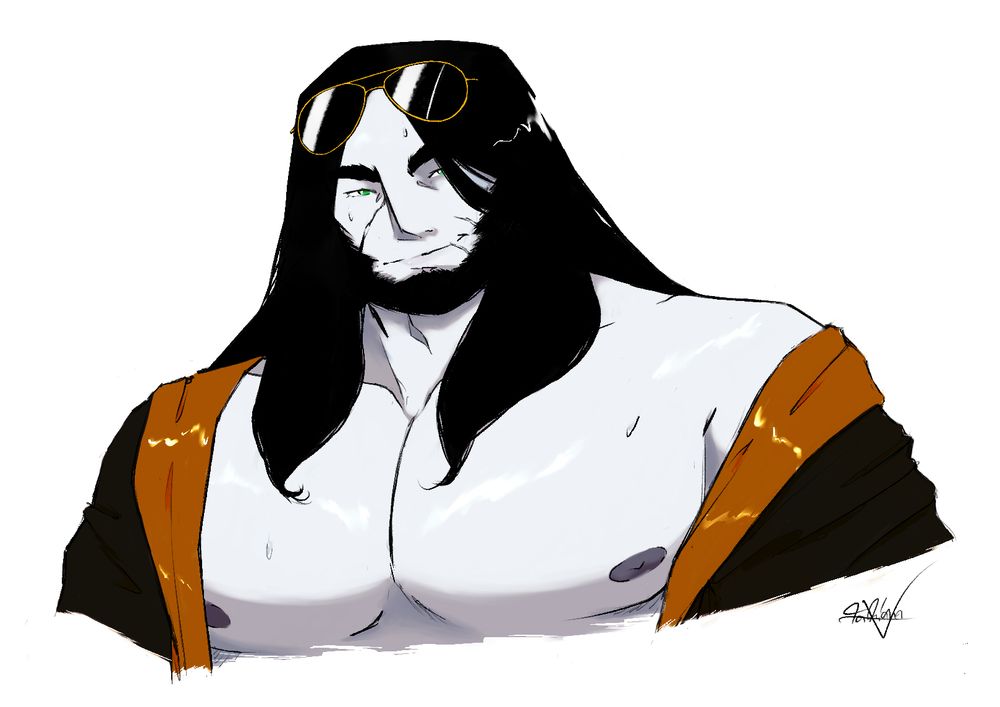 a drawing of a long haired man with grey skin and distinct facial features in a loose swim robe that reveals his large pecs, wearing sunglasses on his head and smirking. he's also dripping wet :3
