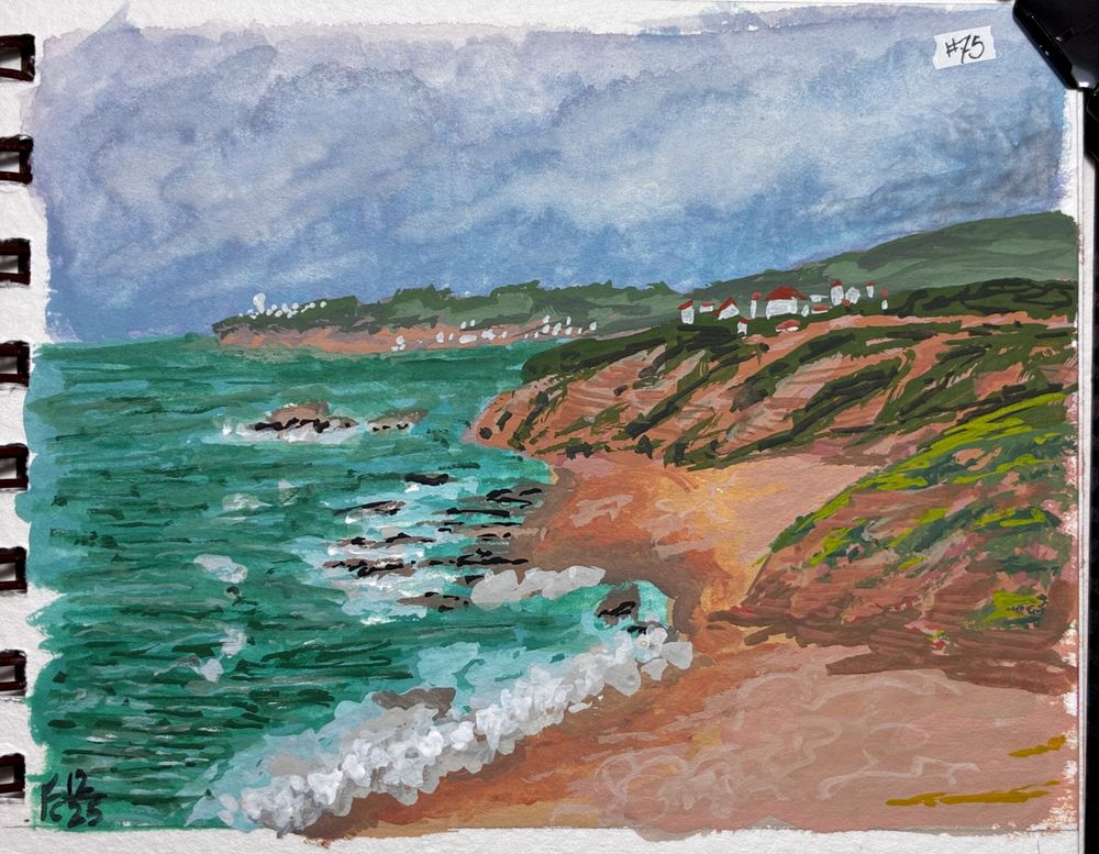 A gouache landscape painting of a sea coast, the green waves frothed white near the rocky shore. Buildings stand in the distance with white and tan walls and red roofs. The title, "#75" is in the top right, while the artist's signature "Fc12/25" is in the bottom left.