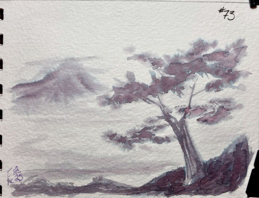 An ink wash illustration of a leaning tree on the right-side foreground and a distant mountain on the left-side background. The title "#73" is in the top right corner, while the artist's signature "Fc12/25" is in the bottom right.