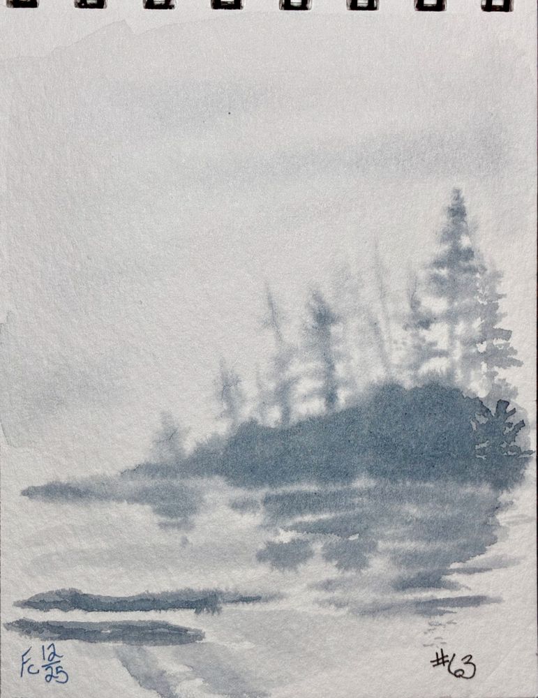A monochrome ink wash illustration of trees in fog, their shapes further blurred in the reflection of water below. The artist's signature, "Fc 12/25" is in the lower left corner, while the title "#63" is in the lower right corner.