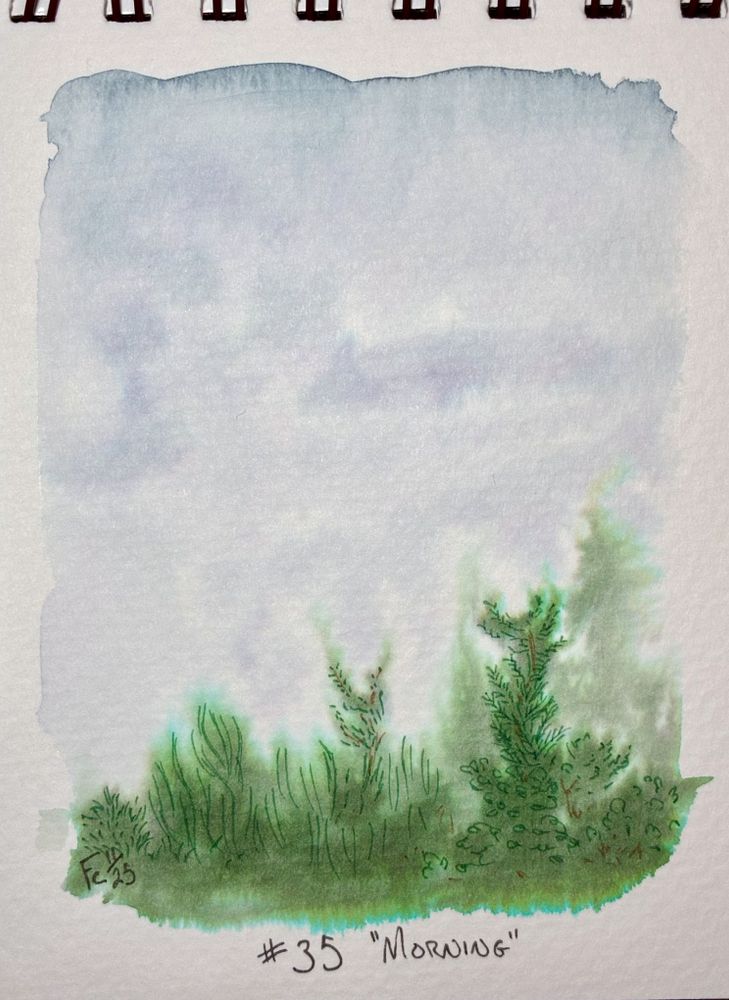 An ink wash illustration of a hazy landscape, amorphous clouds hang over a misty scrub-land with some larger trees suggested in the background. The artist's signature "FC11/25" is in the lower left of the piece, while the title "#35 'Morning'" is in the bottom-middle white space.