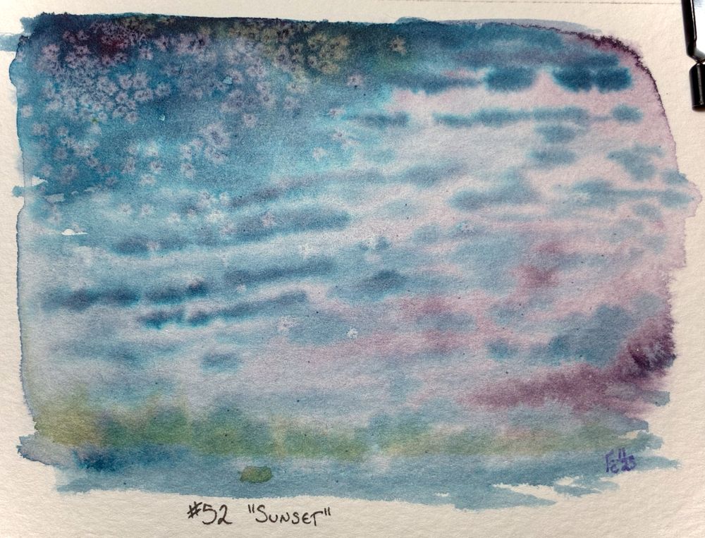 An ink wash illustration of a sunset sky in purple and blue; green near the bottom horizon suggests distant or fog-bound trees. In the top left stars peek through the darkening night. The artist's signature, "FC11/25" is in the lower right corner, with the title "#52 'Sunset'" in the bottom white space.