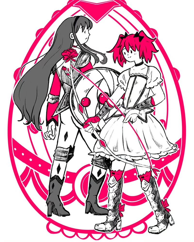 Madoka and Homura from Madoka Mágica anime. Cartoon style in black and pink tones.