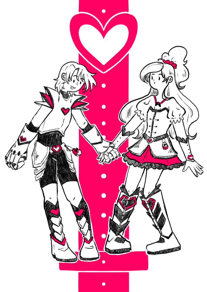 Fanart of Nagisa and Honoka from Futary Wa Pretty Cure's anime. They are wearing Armors and it's a black and white drawing with neon pink details. Cartoon style.