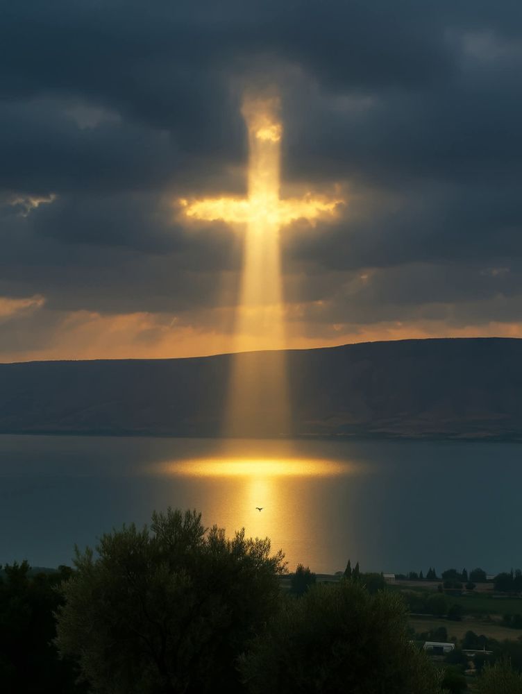 A cross forming in the clouds with sunlight shining through it onto the water below.