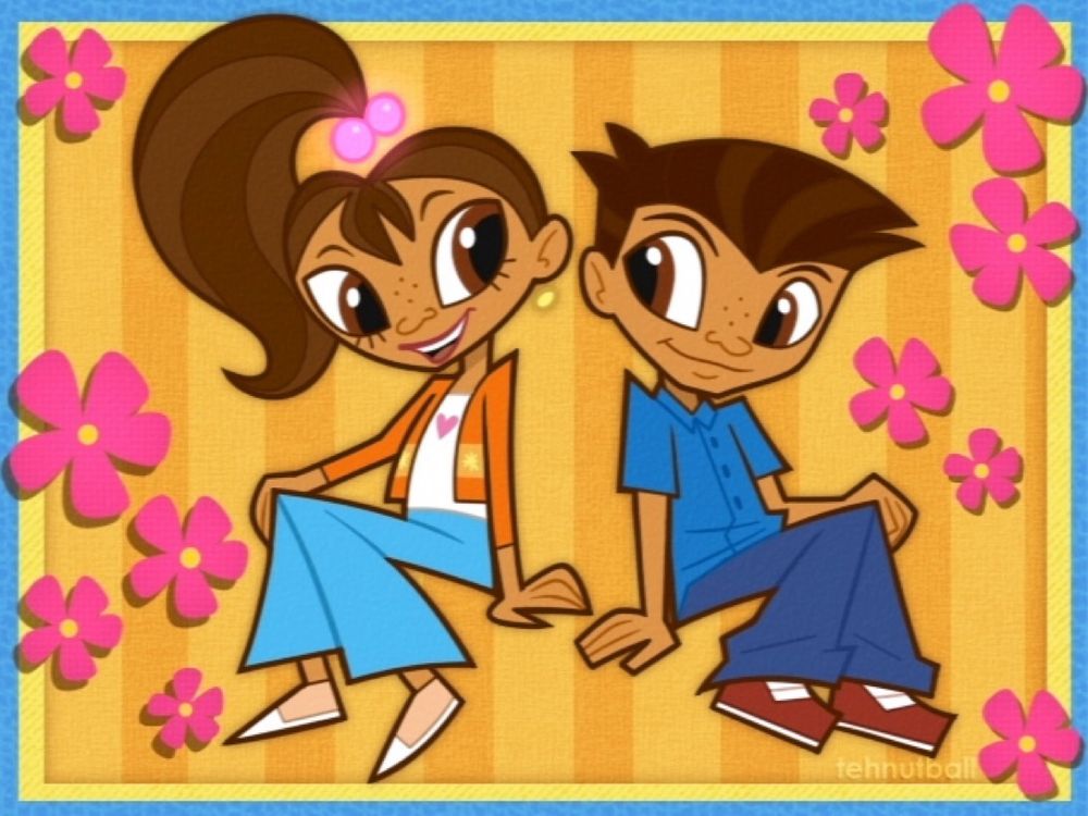 Maya and Miguel in a yellow backdrop with pink flowers.