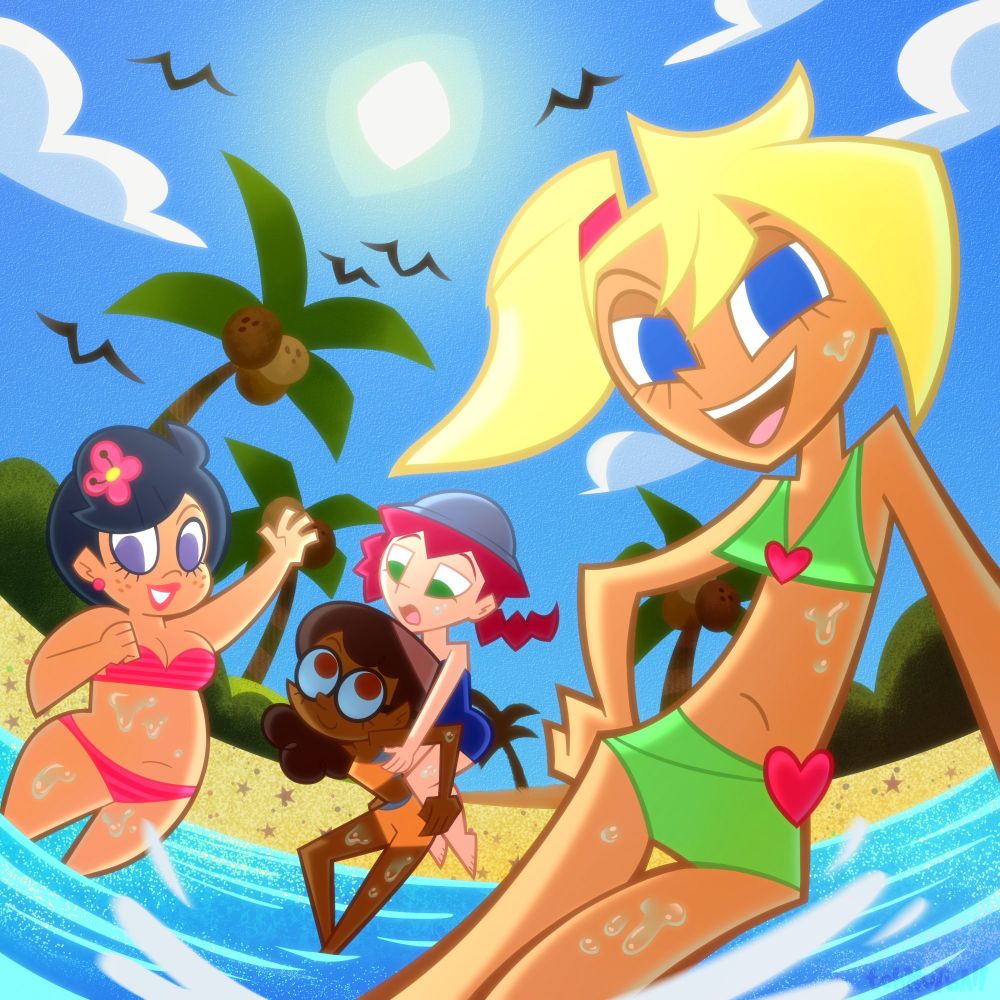From left to right, Karen, Sam carrying a piggybacking Lotti in their beachwear. Tiffany at the front right posing wearing a green bikini.